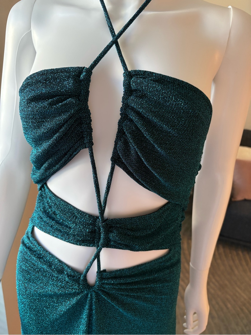 Emerald Green Shimmer Cut Out Maxi Dress Open Back Slit Sexy L - Picture 10 of 13